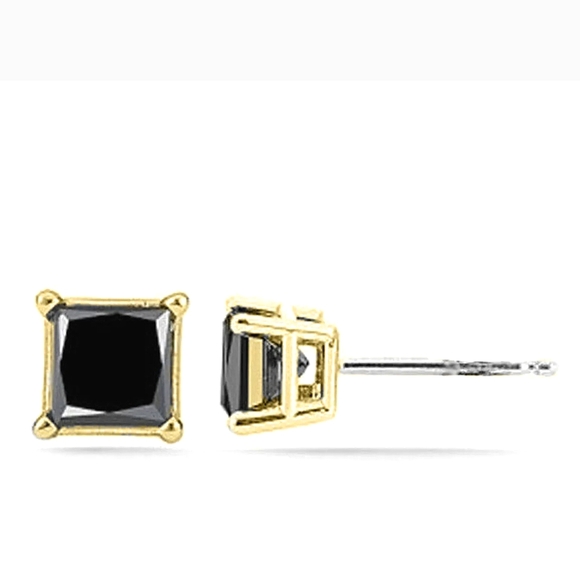 14K GOLD Plate 6mm BLACK Cubic Zirconia PRINCESS STUD EARRINGS - Picture 1 of 3